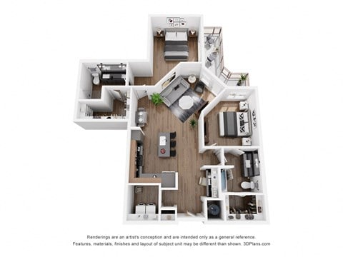 Floor plan for 2 beds, 2 baths, 1233 sqft